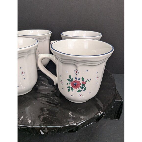 Tienshan Stoneware 2 Sided Floral Cup w/Blue Rim 8 Oz Replacement Lot of 4 - Picture 5 of 8